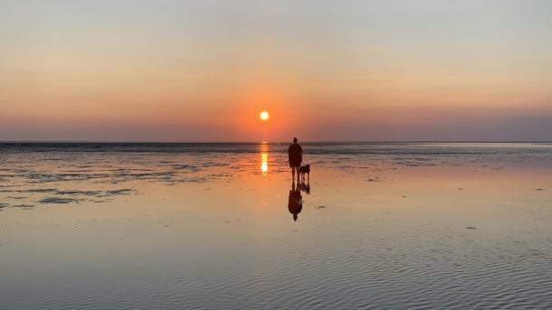 A woman walking her dog on the banks in the Wadden Sea National Park.