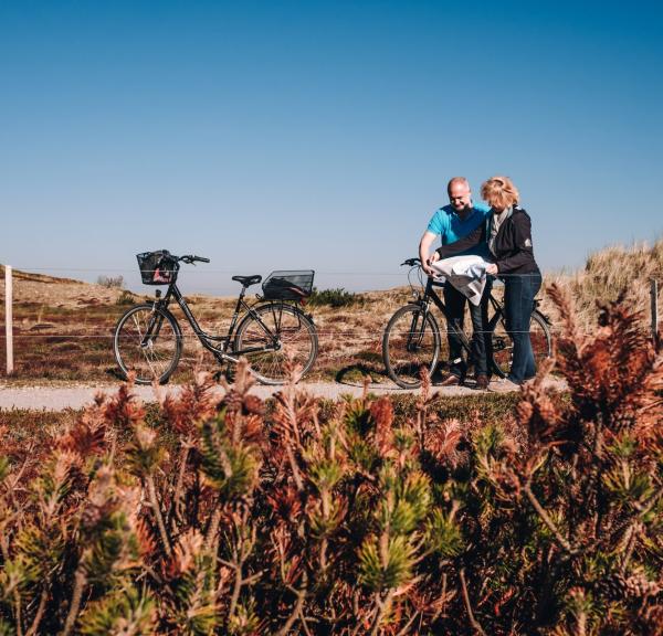 Cyclists looking at a map on a biking route in West Jutland, Denmark