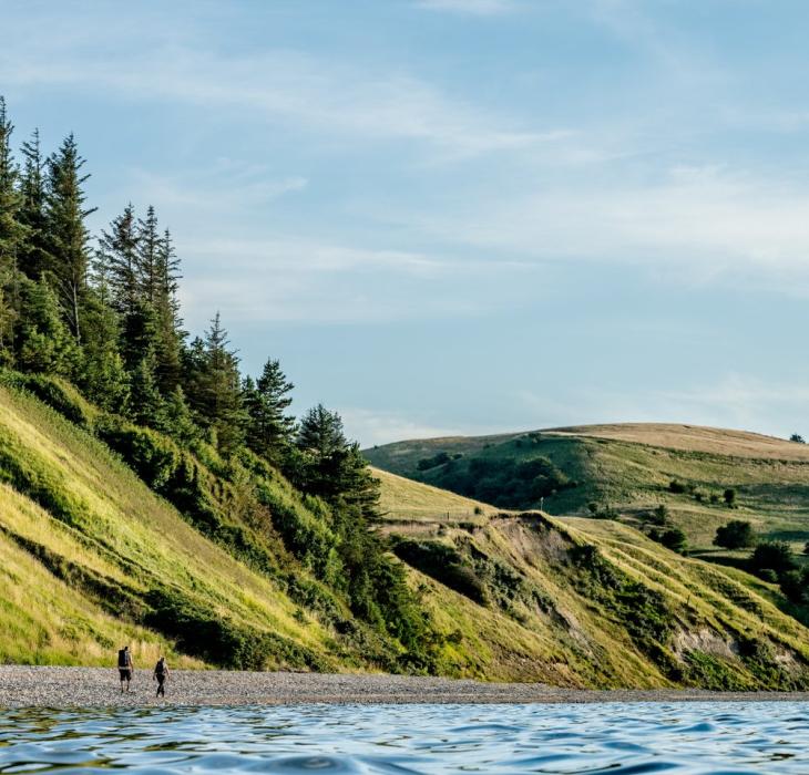Wandelaars langs de kustlijn van het eiland Mors in Denemarken